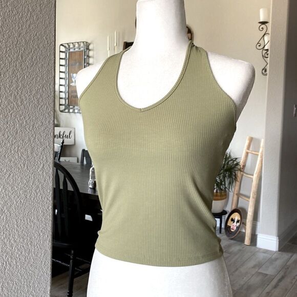 NWOT American Eagle Olive Green Halter Top Ribbed V Neck S Stretchable Open Back - Picture 1 of 7